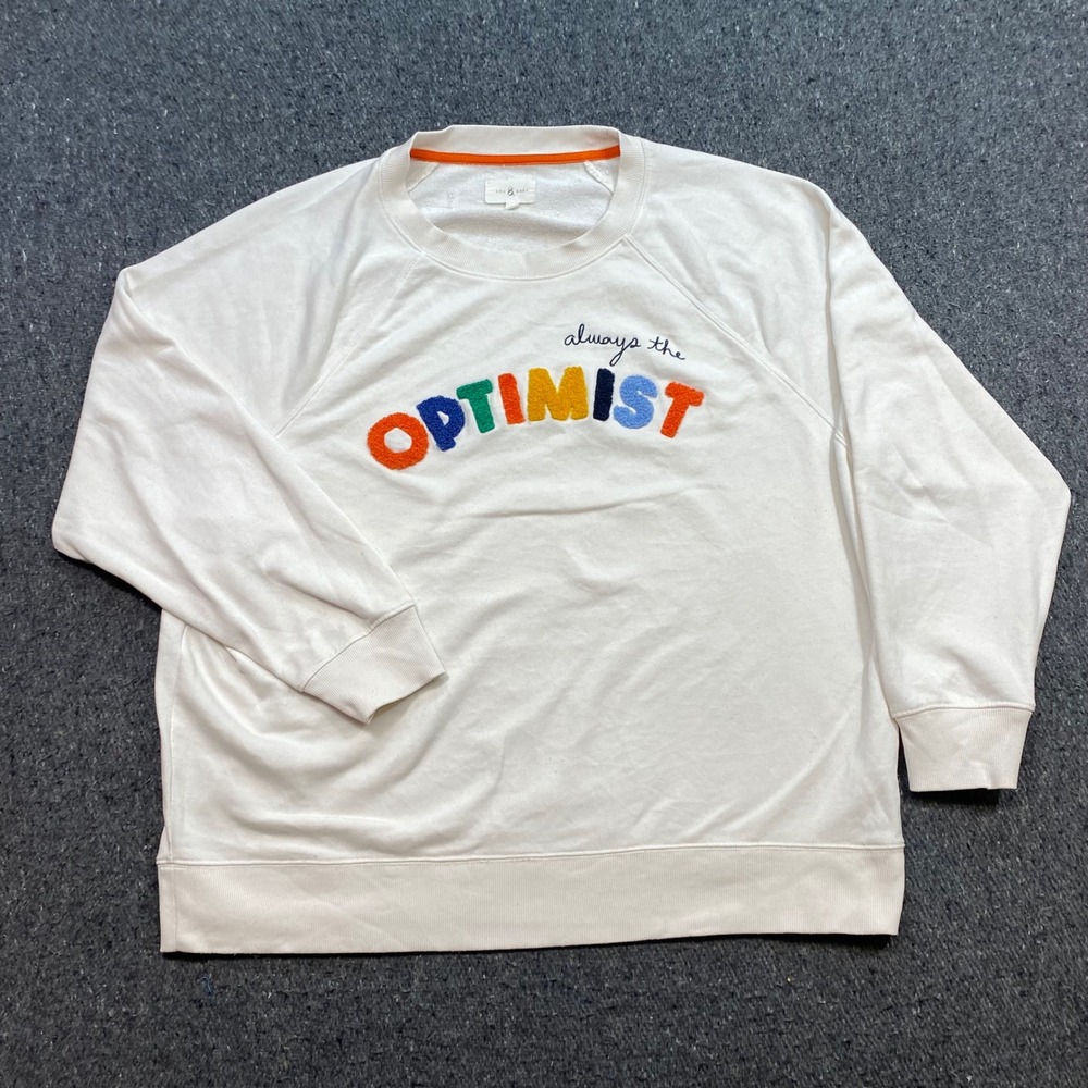 Lou Grey Optimist Sweatshirt Sz L Womens White Boho Chenille Patch Pullover